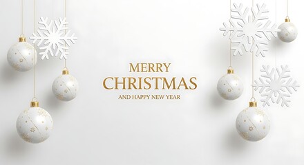 Festive Elegance White Christmas Ornaments and Delicate Snowflakes Hanging on Shimmering Golden Strings Wishing a Joyful
