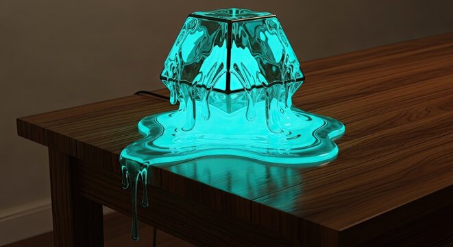 Artistic glowing aqua lamp with a melting effect on a wooden table.