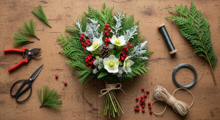 Winter bouquet being arranged at a flower workshop, featuring vibrant red berries and lush greenery on a rustic wooden table with tools and materials, arranging