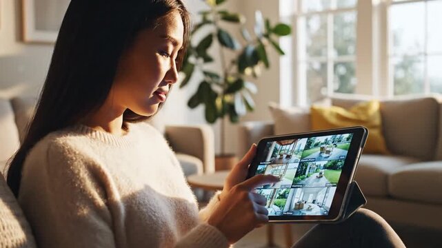 Young woman checking home surveillance cameras on digital tablet for security in a modern living room