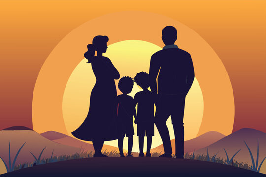 Silhouette family watching stunning sunset together on summer vacation, creating lasting memories, perfect for travel blogs and family publications