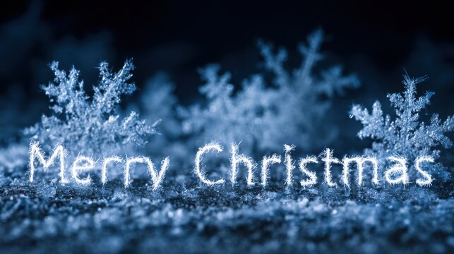 Blue Snowflake Ice Crystals with Merry Christmas Message in Glittery Style