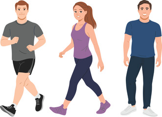Fototapeta premium Walking and standing people fashion illustration, casual and athletic outfits, front view, lifestyle concept, fitness wear, vector drawing, apparel design