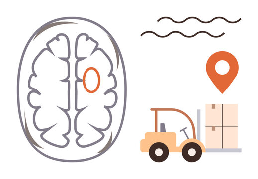 Brain anatomy outline with marked area, forklift carrying boxes, location pin, and dynamic lines. Ideal for neuroscience, logistics, problem-solving, organization, memory connectivity science