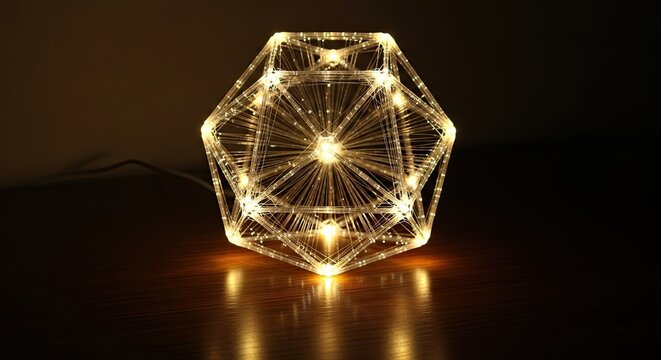 Illuminated Geometric Shape - A Glowing Icosahedron in the Dark.
