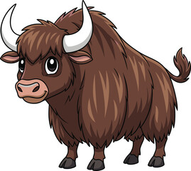 Cartoon yak, shaggy fur, curved horns, friendly animal, vector illustration, brown yak, kids clipart, stylized livestock, cute design, educational art, farm animal, Himalayan creature, smiling yak