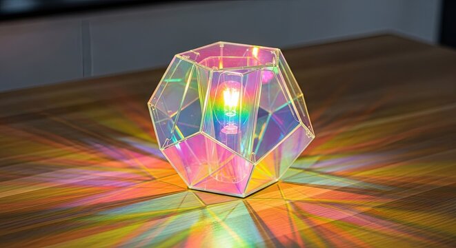 Iridescent geometric crystal lamp casting colorful rainbow light on a wooden table.