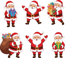 Santa Claus, Christmas gifts, festive poses, holiday cheer, cartoon Santa, celebration icons, red suit, joyful character, seasonal clipart, winter fun
