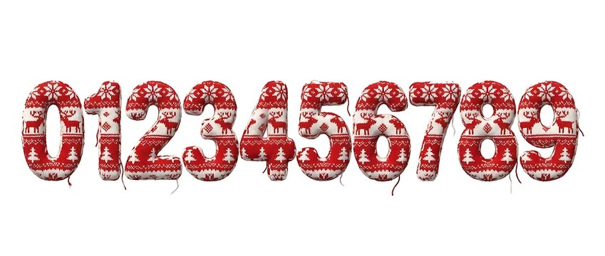 Cozy christmas knitted numbers in wool text 3d red and white yarn pattern on white background