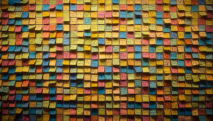 Wall full with post-it, background of colorful sticky notes, Organized Work Area, post-it display, Creative Work Environment