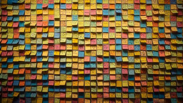 Wall full with post-it, background of colorful sticky notes, Organized Work Area, post-it display, Creative Work Environment