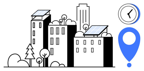 Fototapeta premium Cityscape with solar-panel rooftops, greenery, clock, navigation marker. Ideal for environment, sustainability, eco-living, energy efficiency, city planning green technology modern architecture