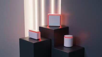 Modern minimalist display of three white cylinders with red accents