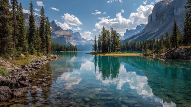 Serene mountain lake in canada surrounded by lush forests and reflections of snow-capped peaks under clear blue sky