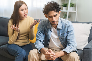 Breakup and depressed, asian young quarrel couple love fight relationship in trouble. Different people are emotion angry. Argue husband has expression upset with wife. Problem of family people.