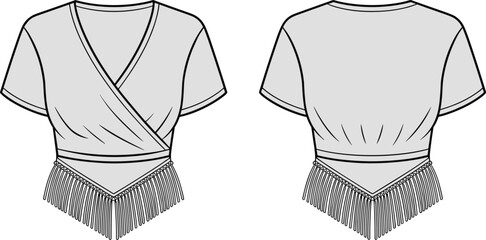 Wrap top technical vector set, front and back fashion sketch with V-neckline, fringe hem, short sleeves, fitted waist, garment design illustration