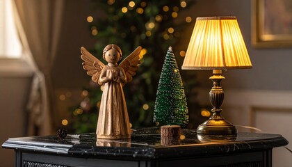 Black Marble Desk with Wooden Angel Figurine and Mini Christmas Tree, Vintage Table Lamp