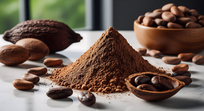 Close-up of natural cocoa powder heap with raw brown cocoa beans and a dry cacao pod on a marble surface. This image uses selective focus on the rich chocolate ingredients, perfect for food and health