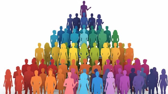 Colorful People Pyramid - This video shows a large group of people standing together in a pyramid formation, each person represented by a solid color silhouette.
