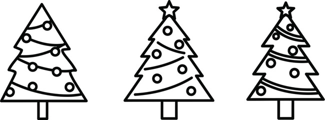 Three simple cartoon christmas trees with stars and ornaments on white background