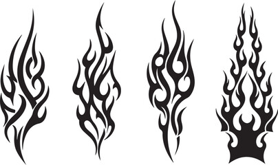 Four distinct black tribal flame tattoo designs, each featuring unique swirling patterns and sharp edges, creating a dynamic and powerful aesthetic