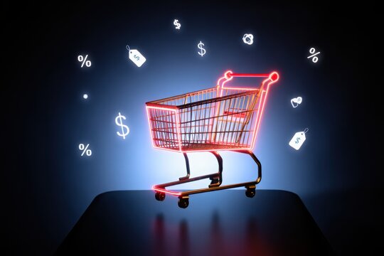 Glowing shopping cart with digital currency symbols floating around
