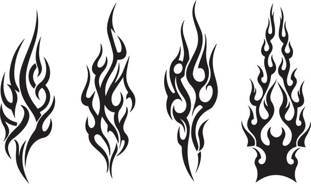 Four distinct black tribal flame tattoo designs, each featuring unique swirling patterns and sharp edges, creating a dynamic and powerful aesthetic