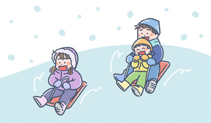白い空と、雪の中をソリで遊ぶ男の子と女の子のイラスト