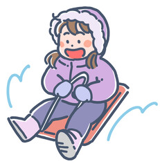 冬にソリで遊ぶ女の子のイラスト
