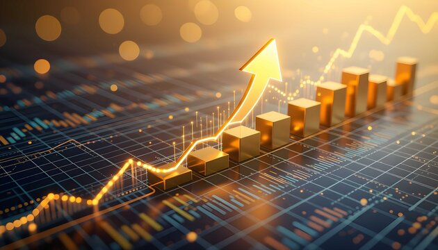 Golden upward trend illuminating realistic market graphs for premium investment visuals