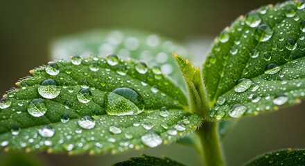 Extreme Close-up Macro Shot of Lush Green Leaves Covered with Clear Rain Drops or Dewdrops, Highlighting Freshness, Purity, and Detailed Natural Texture