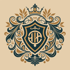 Heraldic crest with crown and ornate swirling floral elements coat of arms emblem