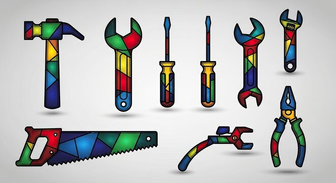 Set of stained glass style tools with colorful geometric patterns.