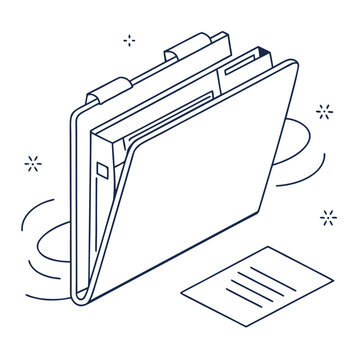 Clean line art isometric illustration of an open file folder with documents inside and a separate paper on the side symbolizing organization and data management