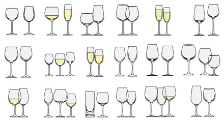 A diverse collection of line art illustrations featuring various drinking glasses, including wine glasses, champagne flutes, and tumblers.