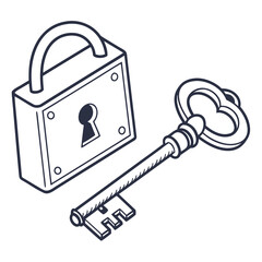 A simple line art illustration of an old fashioned padlock with a key lying next to it on a white background representing security and access