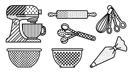 Baking Utensils and Kitchen Tools Line Art Illustration.