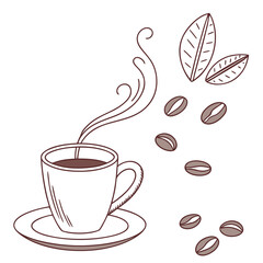 A simple hand drawn illustration of a steaming cup of coffee on a saucer with scattered coffee beans and leaves in a minimalist style