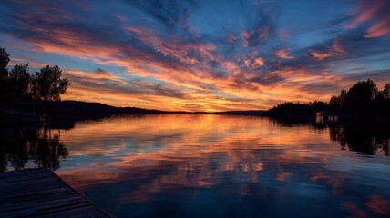 Scenic lake at sunset with golden sky reflecting on calm water surrounded by peaceful natural landscape and distant tree silhouettes creating tranquil outdoor evening scenery