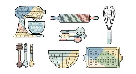 Collection of Baking Utensils and Appliances with Colorful Geometric Patterns.