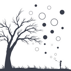 Silhouette of a child blowing bubbles near a bare tree on a grassy field with a white background and scattered dark and light circles