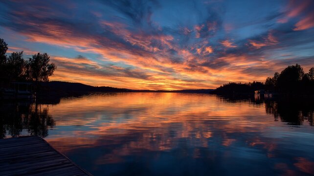 Scenic lake at sunset with golden sky reflecting on calm water surrounded by peaceful natural landscape and distant tree silhouettes creating tranquil outdoor evening scenery