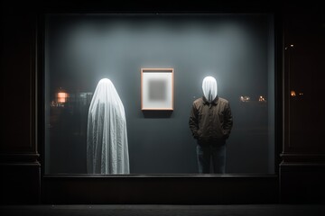 Mysterious figures observing an empty frame in a dimly lit gallery window at night