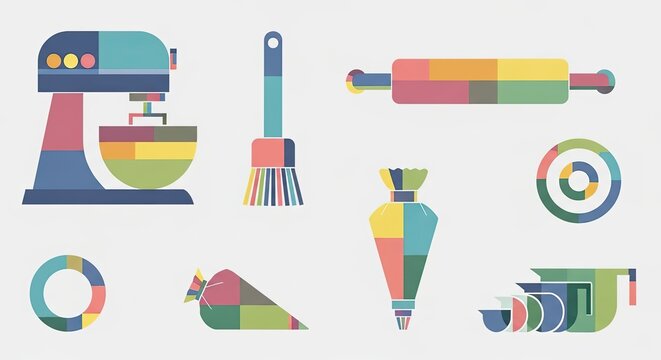 Colorful geometric baking equipment and kitchen utensils icon set illustration.