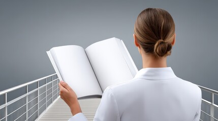Rear view of a professional woman in white attire standing on a modern bridge railing and holding an open book or magazine mockup with completely blank white pages for advertising 