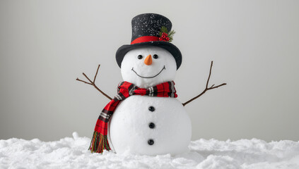 Obraz premium Snowman with red scarf in white studio background, with copy space
