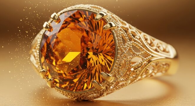 Ornate gold ring with large oval amber gemstone