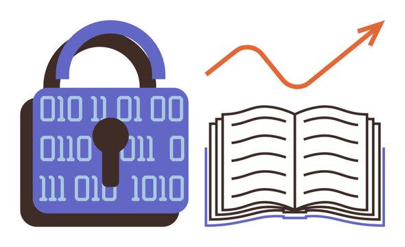 Digital lock with binary code, open book, and rising orange arrow. Ideal for cybersecurity, education, digital literacy, data protection, knowledge growth and learning progress. Simple flat