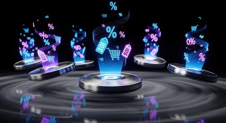 Futuristic holographic displays showcasing percentage symbols and data