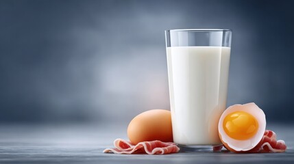 Healthy breakfast with fresh milk, eggs, bacon, and nutritious ingredients presented in an appealing setting for delicious morning meal options
